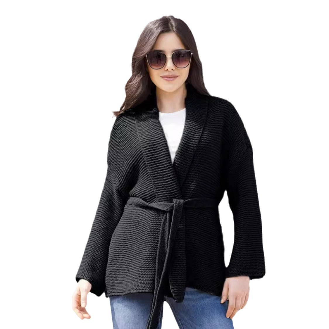 Dames élégant cardigan en tricot avec ceinture et matériau doux Chic und Stil