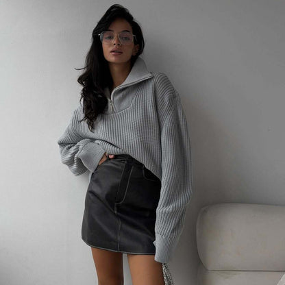 Pull en tricot surdimensionné pour femme avec col montant et fermeture éclair Chic und Stil