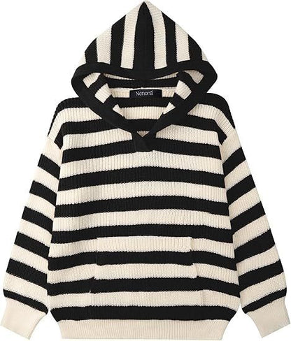 Dames Pull en tricot confortable avec capuche et motif rayé Chic und Stil