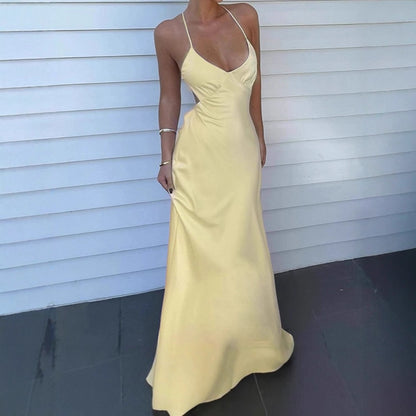 Dames Robe Maxi Élégante avec Décolleté en V Profond et Bretelles Spaghetti Réglables Chic und Stil