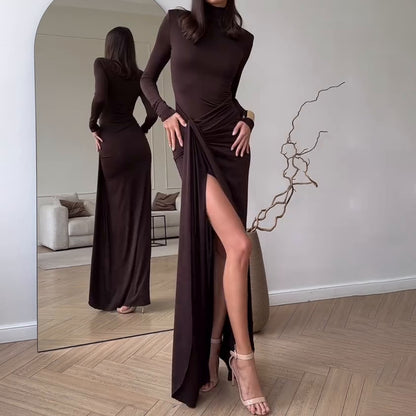 Dames Élégante Robe Maxi avec Plis et Fente Haute Chic und Stil