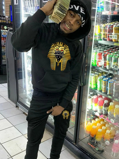 Men's hooded sweatshirt and jogger pants set with artistic pharaoh pattern Chic and Style