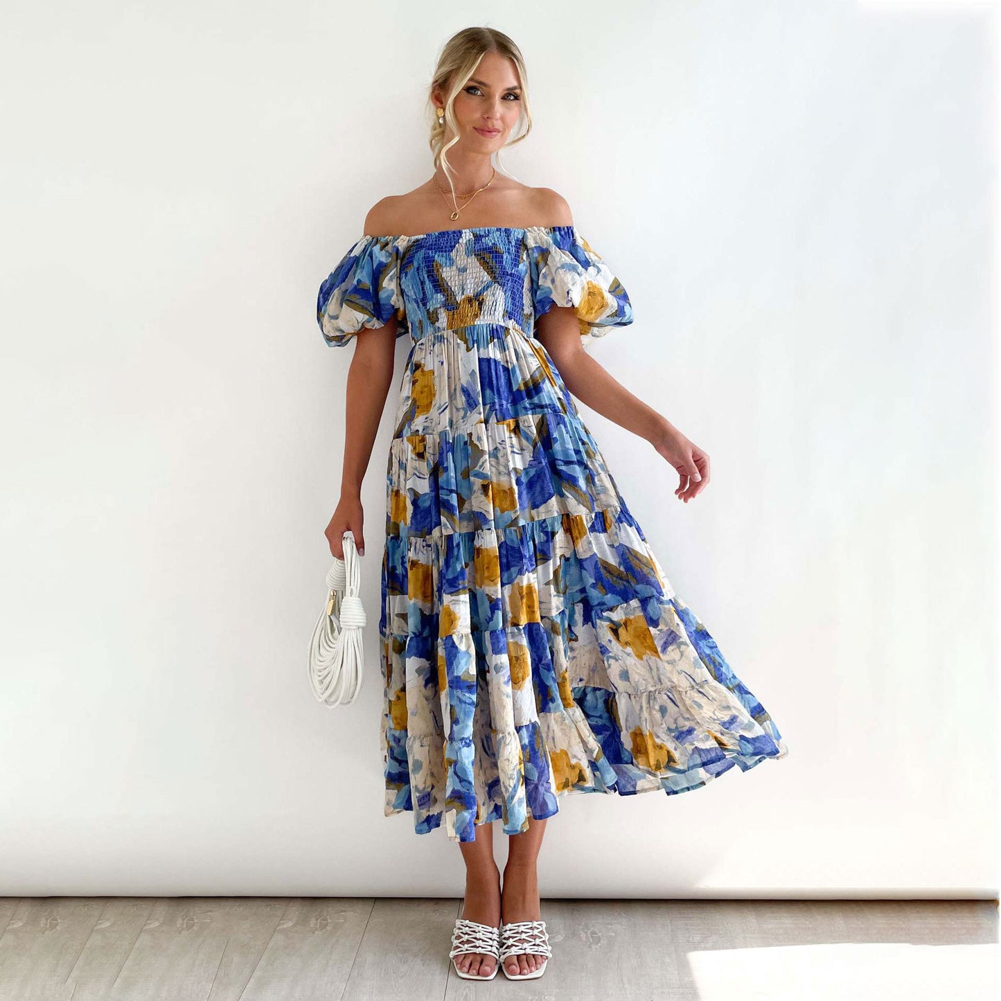 Dames Floral Puff Manche Midi Robe Chic und Stil