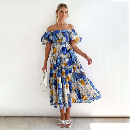 Dames Floral Puff Manche Midi Robe Chic und Stil