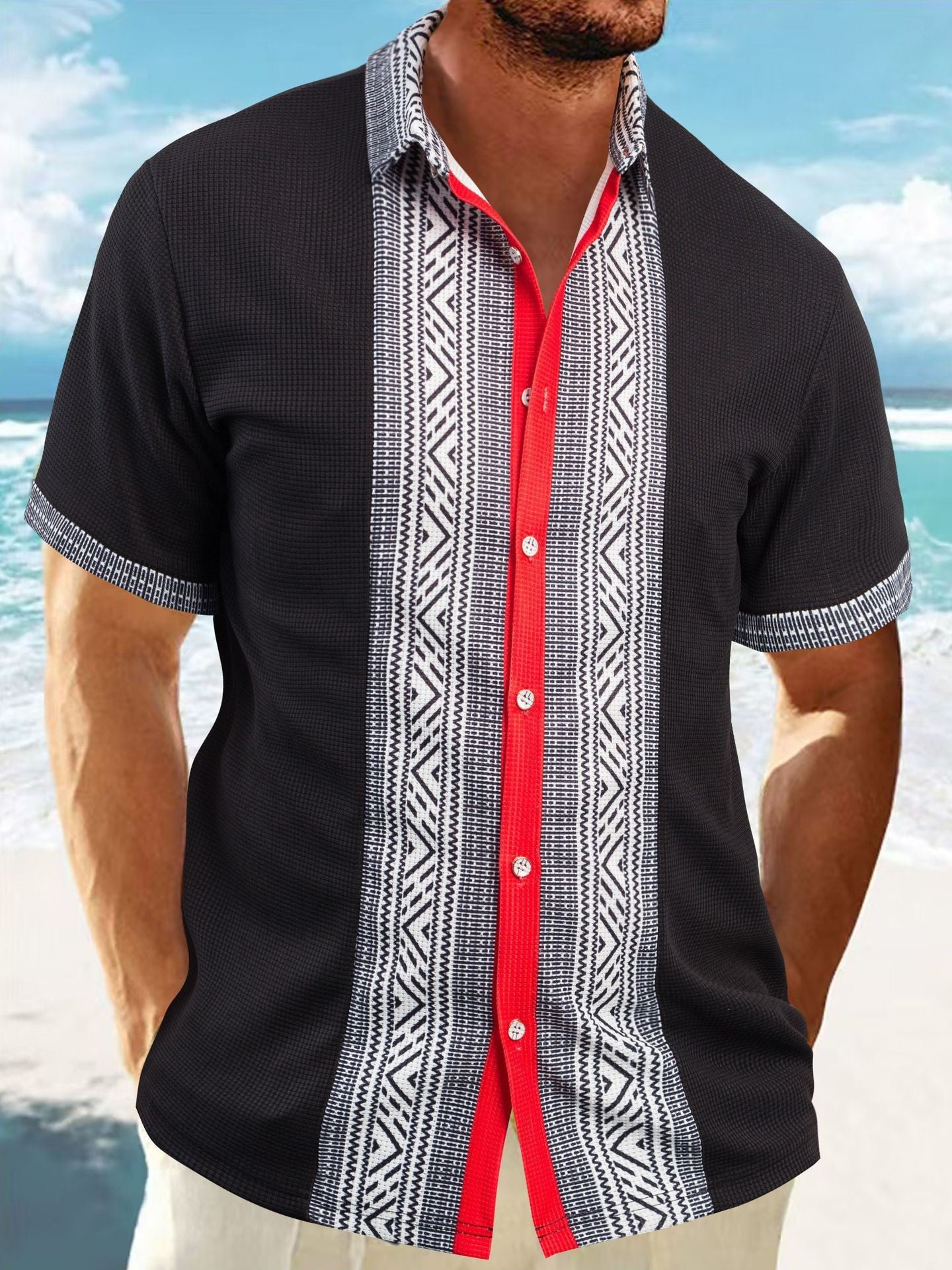 Chemise décontractée à manches courtes pour hommes avec motif géométrique et texture respirante Chic und Stil