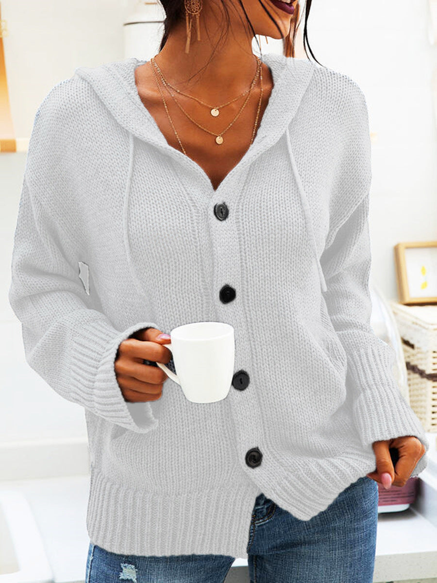 Dames gros tricot cardigan avec capuche et gros boutons Chic und Stil