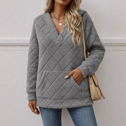 Dames doux pull en fleece avec col en V Chic und Stil