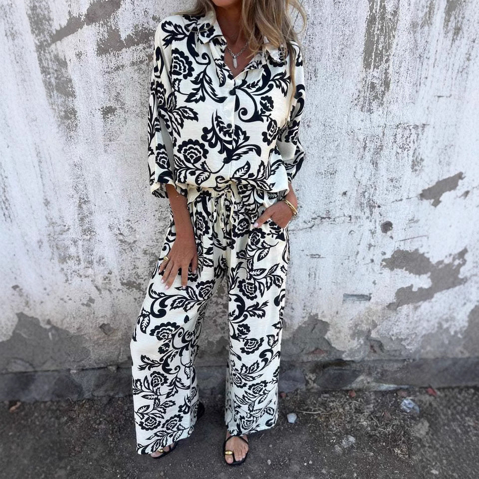 Chic and Style floral print shirt and wide leg pants set for women