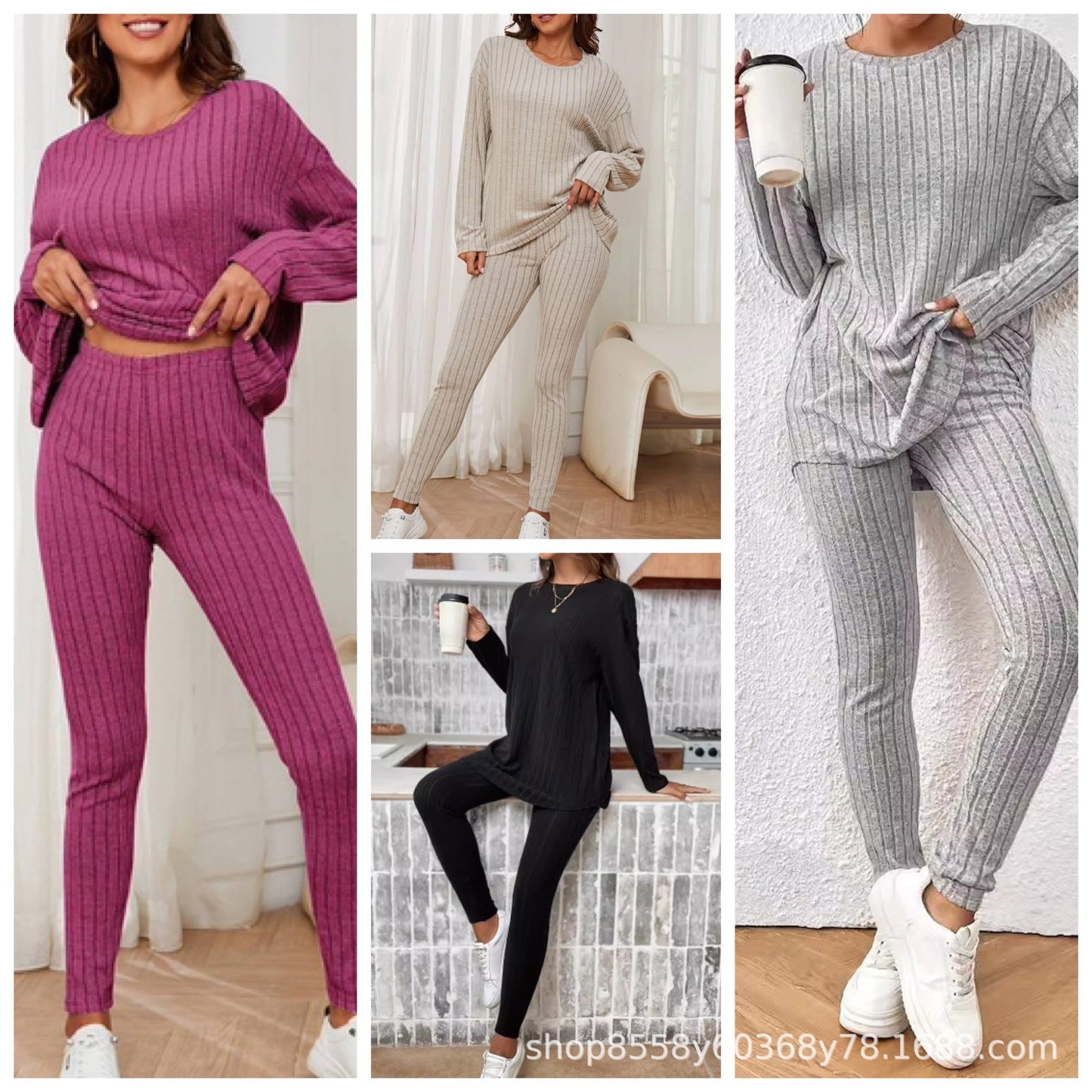Dames Ensemble de combinaison en maille confortable à manches longues et taille élastique Chic und Stil