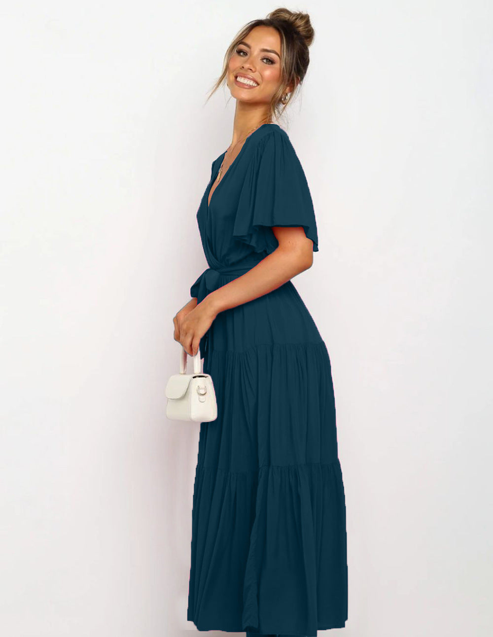 Robe maxi fluide pour femmes avec lien à nouer et manches papillon Chic und Stil