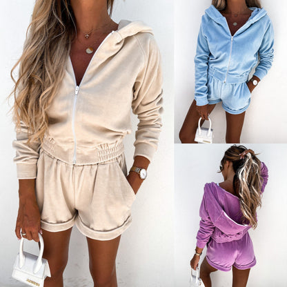 Sporty velvet outfit for ladies with crop hoodie and short shorts Chic and Style