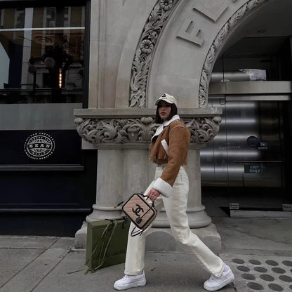 Dames cuir véritable veste de motard avec garniture en fausse fourrure Chic und Stil