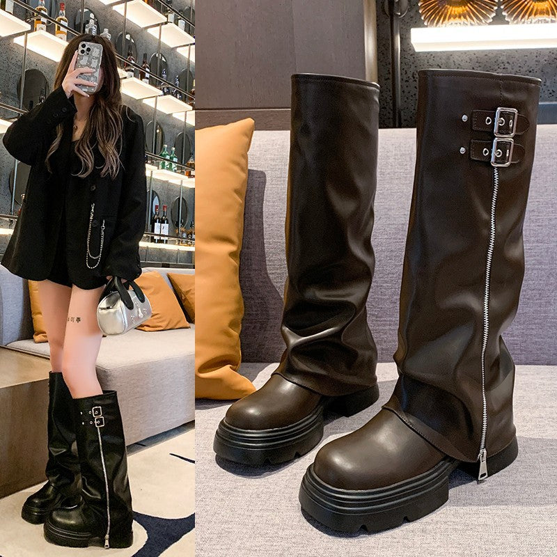 Bottes au genou pour femmes avec fermeture éclair tendance et sangle ajustable Chic und Stil