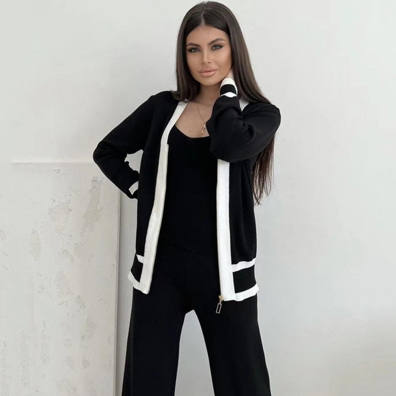 Casual knit loungewear set for women with high-quality zip cardigan and wide-leg pants Chic and Style