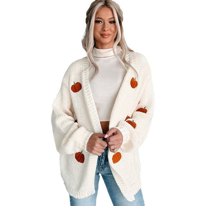 Dame cardigan avec broderie de citrouille automnale Chic und Stil