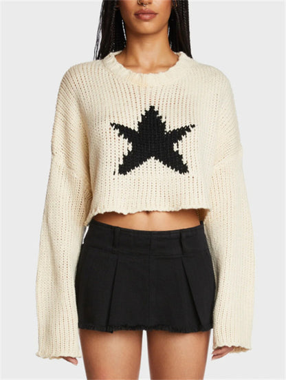 Pull-over en grosses mailles tendance pour femmes avec application d'étoiles chics et stylées