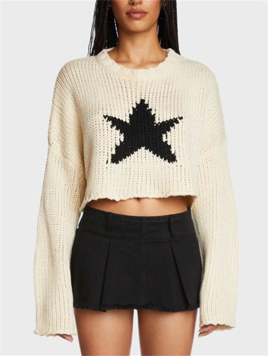 Pull-over en grosses mailles tendance pour femmes avec application d'étoiles chics et stylées