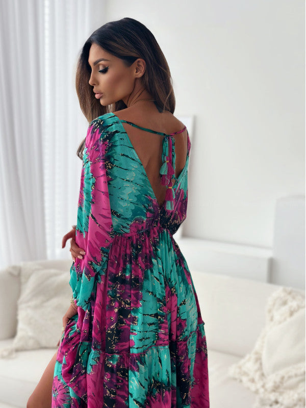 Robe maxi femme avec décolleté élégant au dos et manches volantées amples Chic und Stil