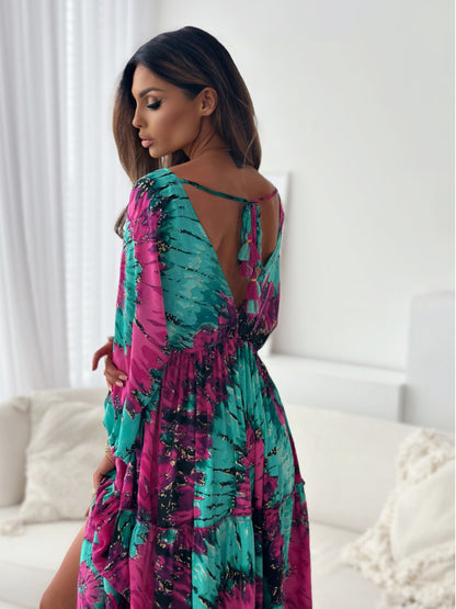 Robe maxi femme avec décolleté élégant au dos et manches volantées amples Chic und Stil