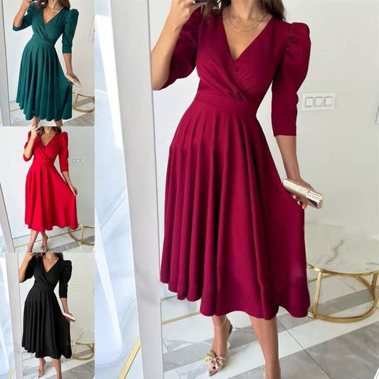 Robe A-ligne festive pour femmes avec manches bouffantes et décolleté en V Chic und Stil