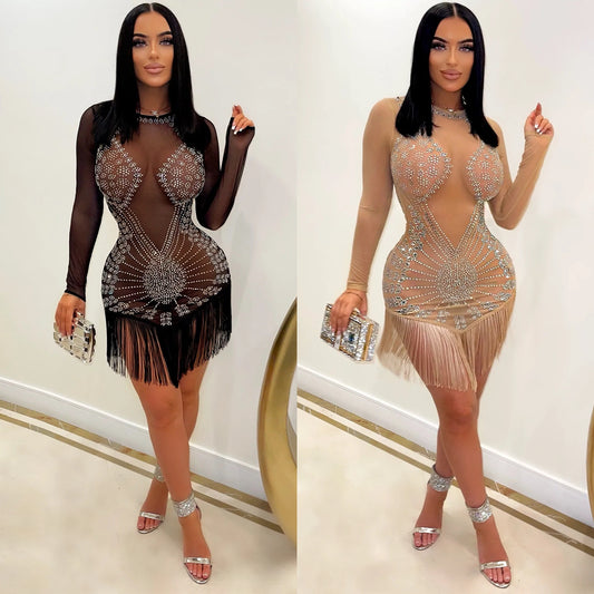 Robe mini transparente ornée de strass pour femmes Chic und Stil