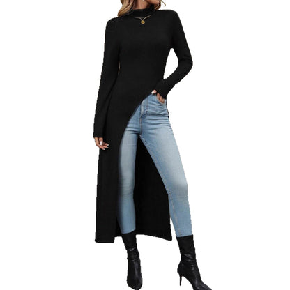 Asymmetrical long dress with long sleeves for women with high neck and deep slit Chic and Style