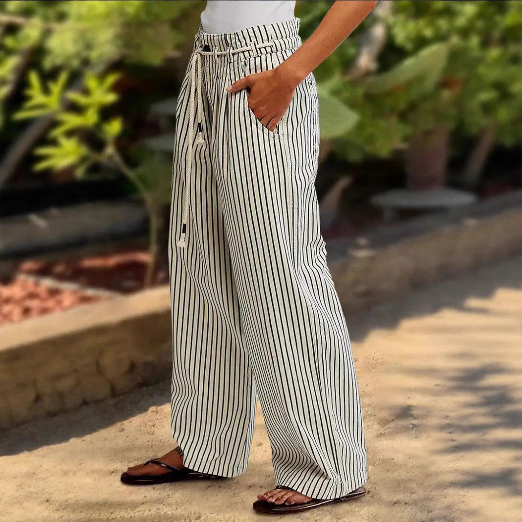 Ladies Comfortable Beach Pants with Casual Striped Pattern and Woven Belt Chic und Stil