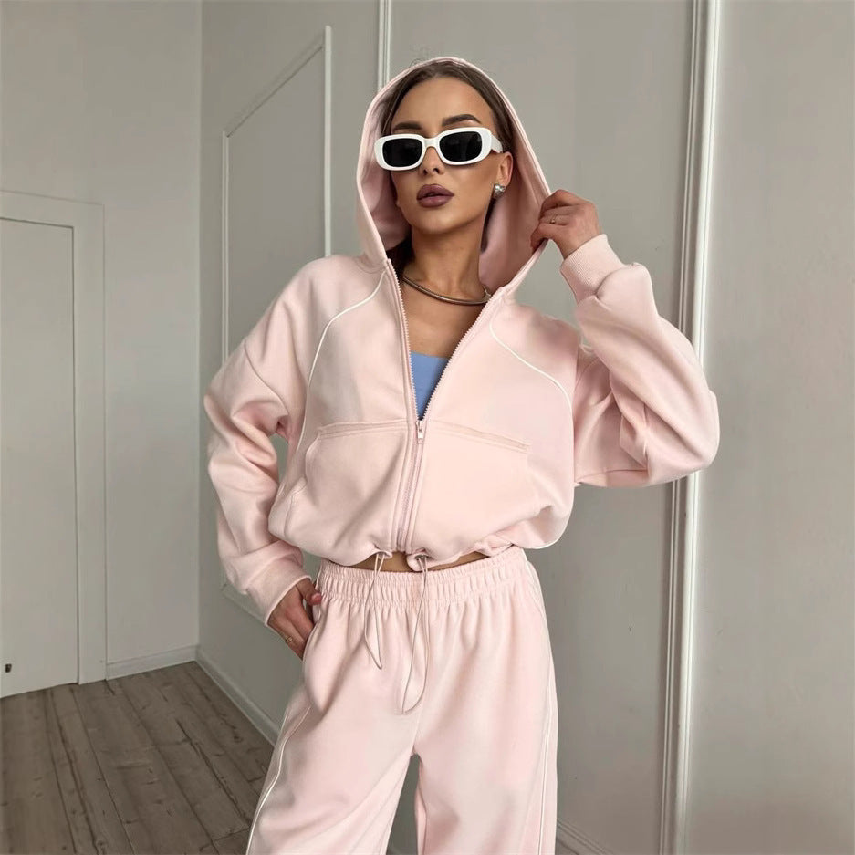 Chic and stylish women's hooded jacket and sweatpants set with side stripes