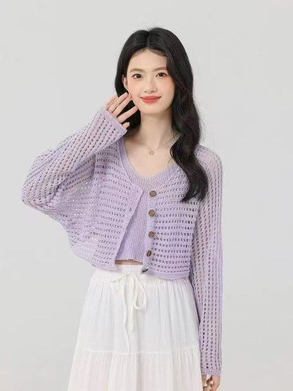 Dames cardigan décontracté en tricot avec motif en filet et fermeture à bouton Chic und Stil