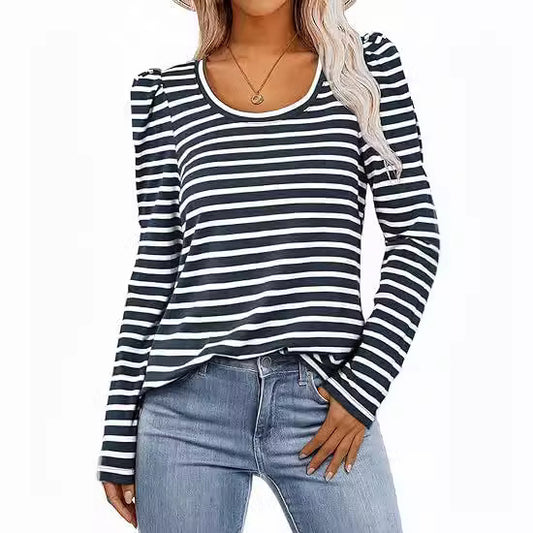 T-shirt rayé à manches longues pour femmes avec manches bouffantes Chic und Stil