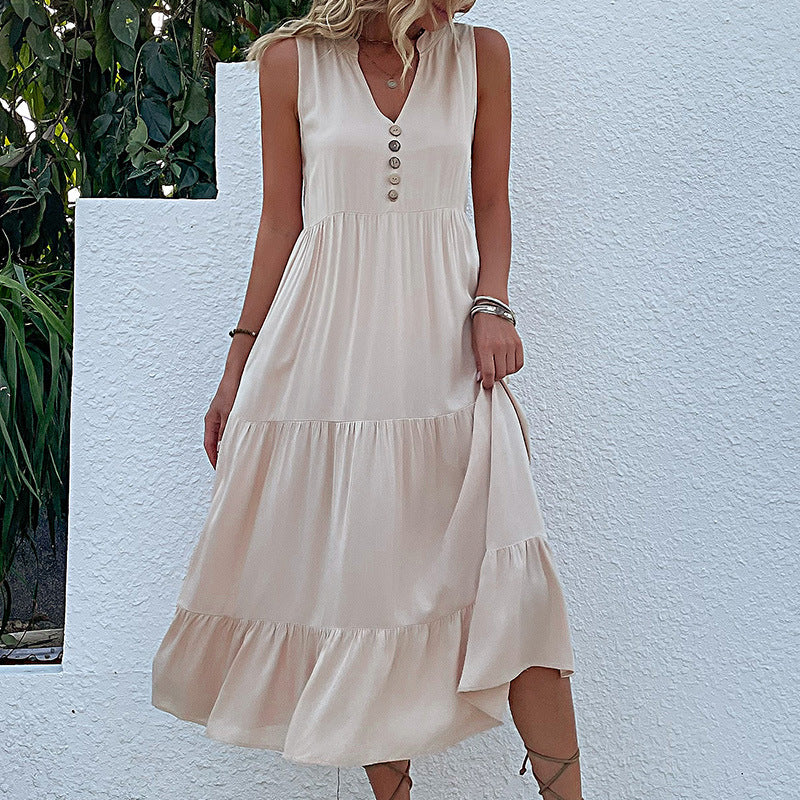 Robe maxi sans manches à volants pour femmes avec détail bouton Chic und Stil