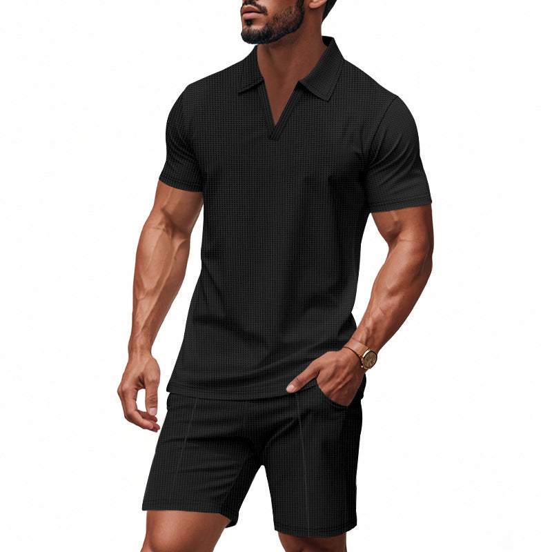 Ensemble polo pour hommes et shorts avec col en V à la mode Chic und Stil