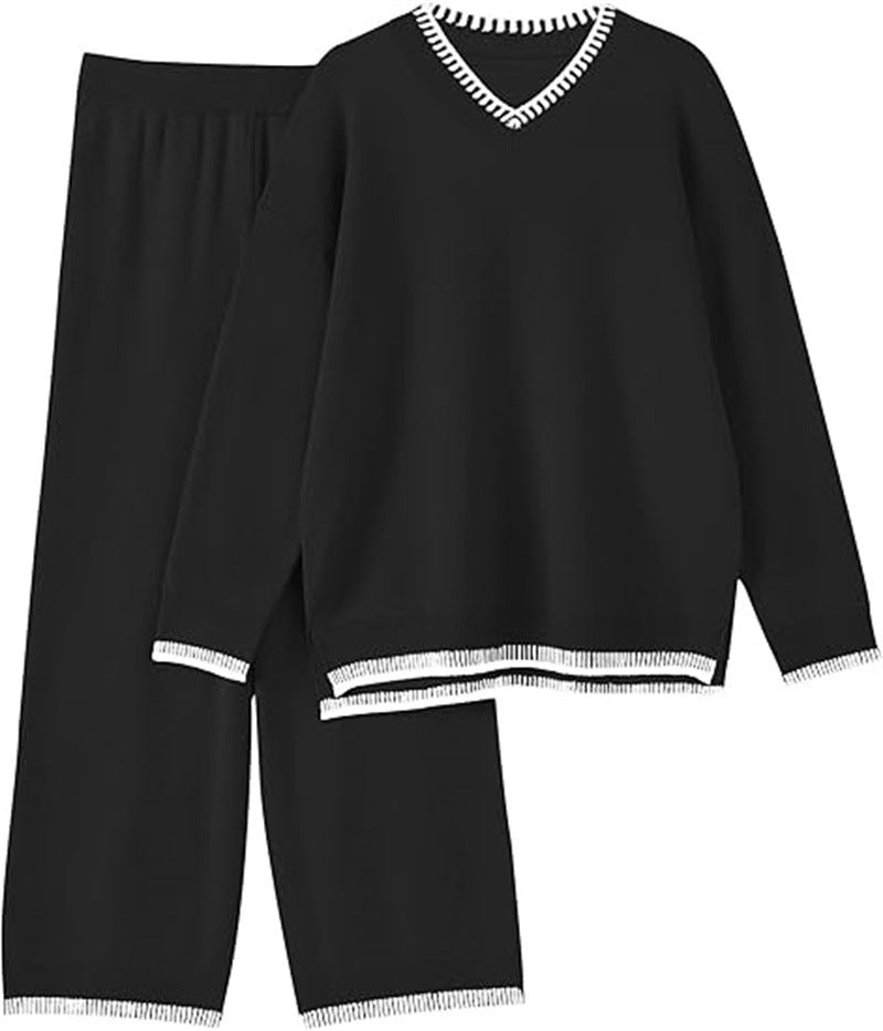 Ensemble pull et pantalon à col en V confortable pour femmes Chic und Stil