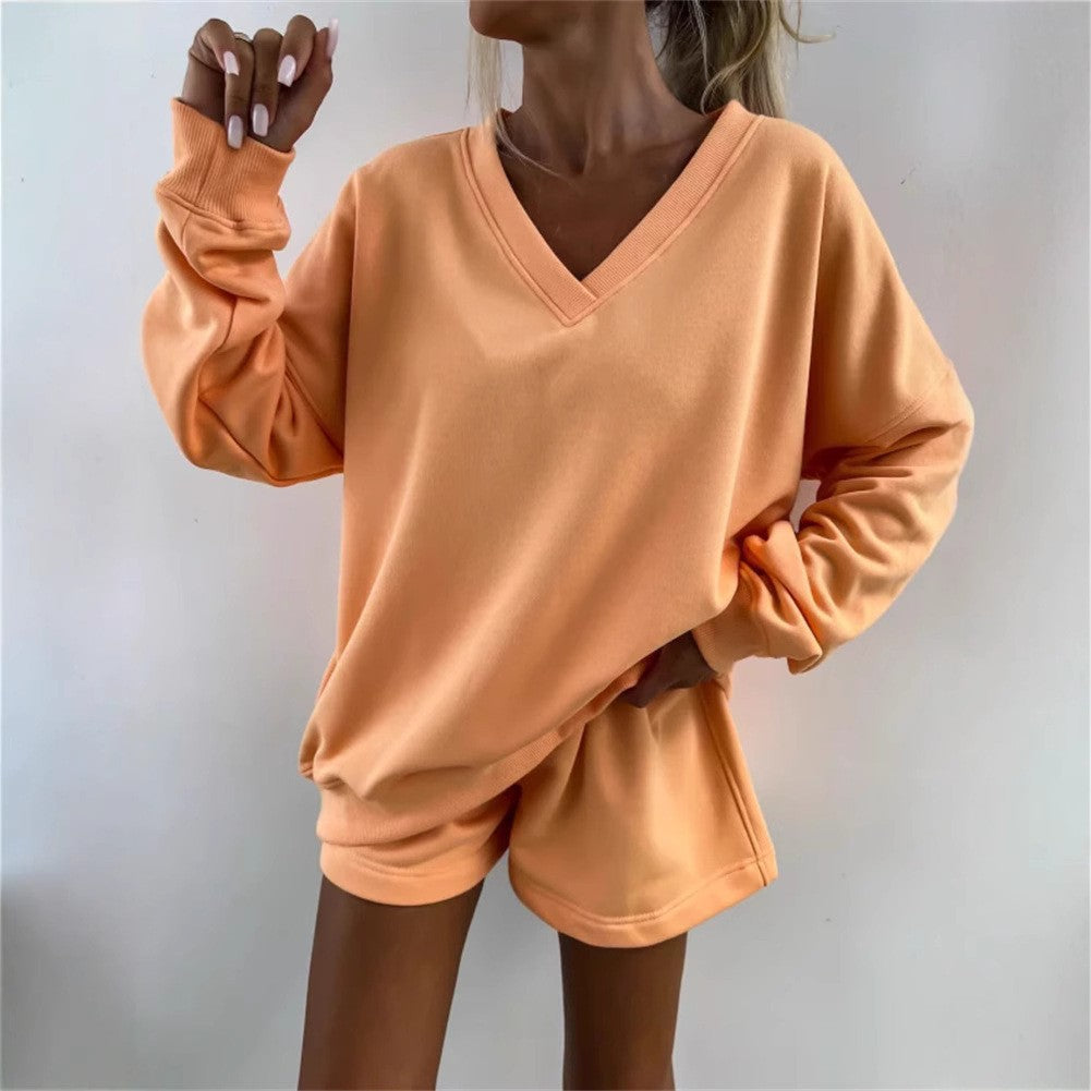Women casual sweatshirt set with V-neck and sports shorts