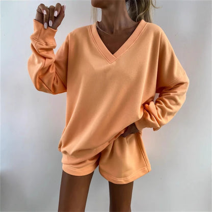 Women casual sweatshirt set with V-neck and sports shorts