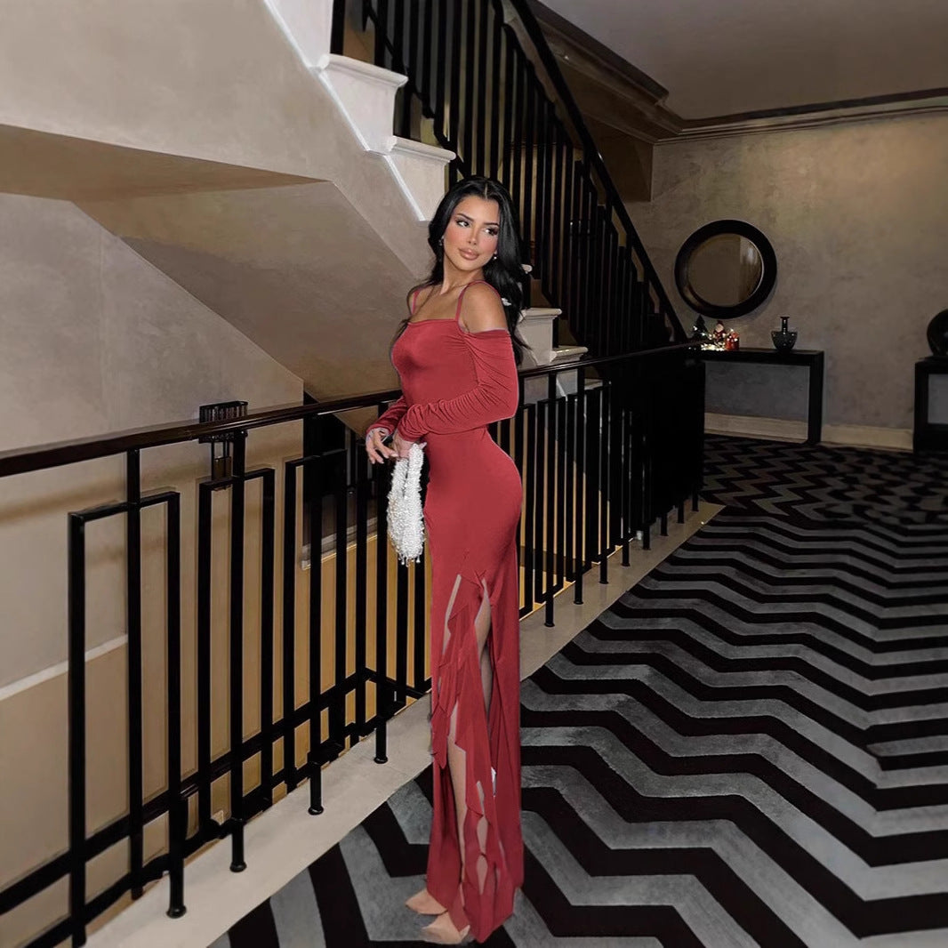 Dames Robe maxi longue élégante à manches longues avec ourlet asymétrique et détails de volants Chic und Stil
