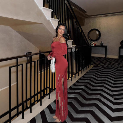 Dames Robe maxi longue élégante à manches longues avec ourlet asymétrique et détails de volants Chic und Stil
