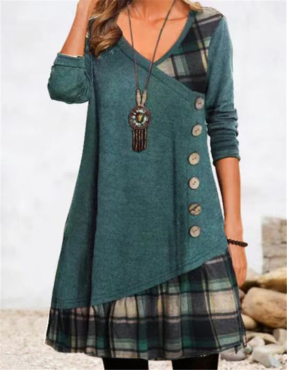 Asymmetrical leisure dress for women with plaid pattern and button details Chic und Stil