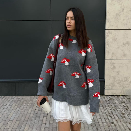 Pull femme avec un design de champignon créatif et une coupe décontractée Chic und Stil