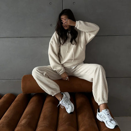 Ladies Comfortable Fleece Hoodie with Wide Pants Chic and Style