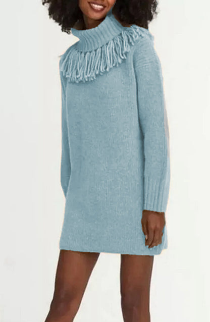 Robe tricotée pour femmes avec bord à franges décoratives et col roulé haut Chic und Still
