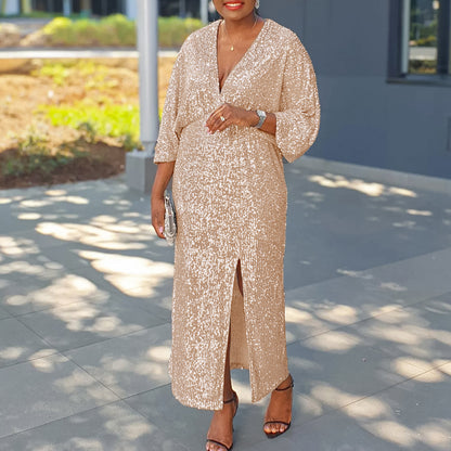Robe de soirée scintillante pour femmes avec fente profonde et manches bouffantes luxueuses Chic und Stil