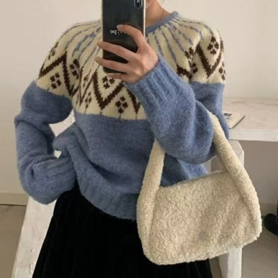 Dames Pull en maille confortable avec imprimé géométrique et col rond Chic und Stil