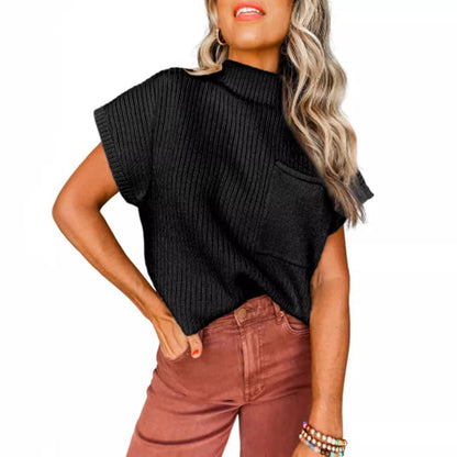 Dames décontracté pull à manches courtes avec col haut et poche plaquée Chic und Stil