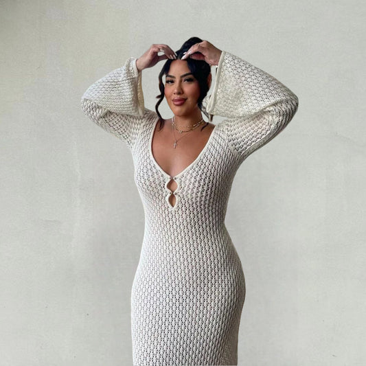 Robe maxi tricot pour femmes avec décolleté en V profond et détails de volants tendance Chic und Stil