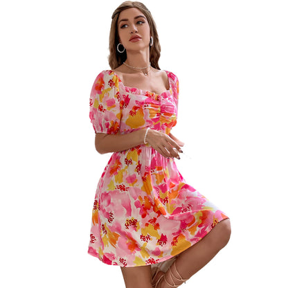 Robe à fleurs éclatante pour femmes avec manches bouffantes et ceinture élastique à la taille Chic und Stil