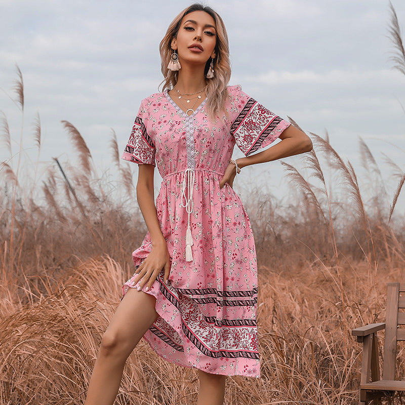 Robe mi-longue décontractée bohème pour femmes avec détail de nouage à franges Chic und Stil