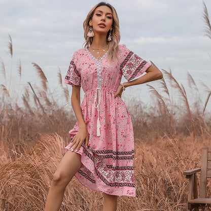 Robe mi-longue décontractée bohème pour femmes avec détail de nouage à franges Chic und Stil