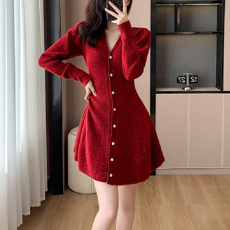 Robe tricotée pour femmes avec patte de boutonnage et manches volumineuses Chic und Stil