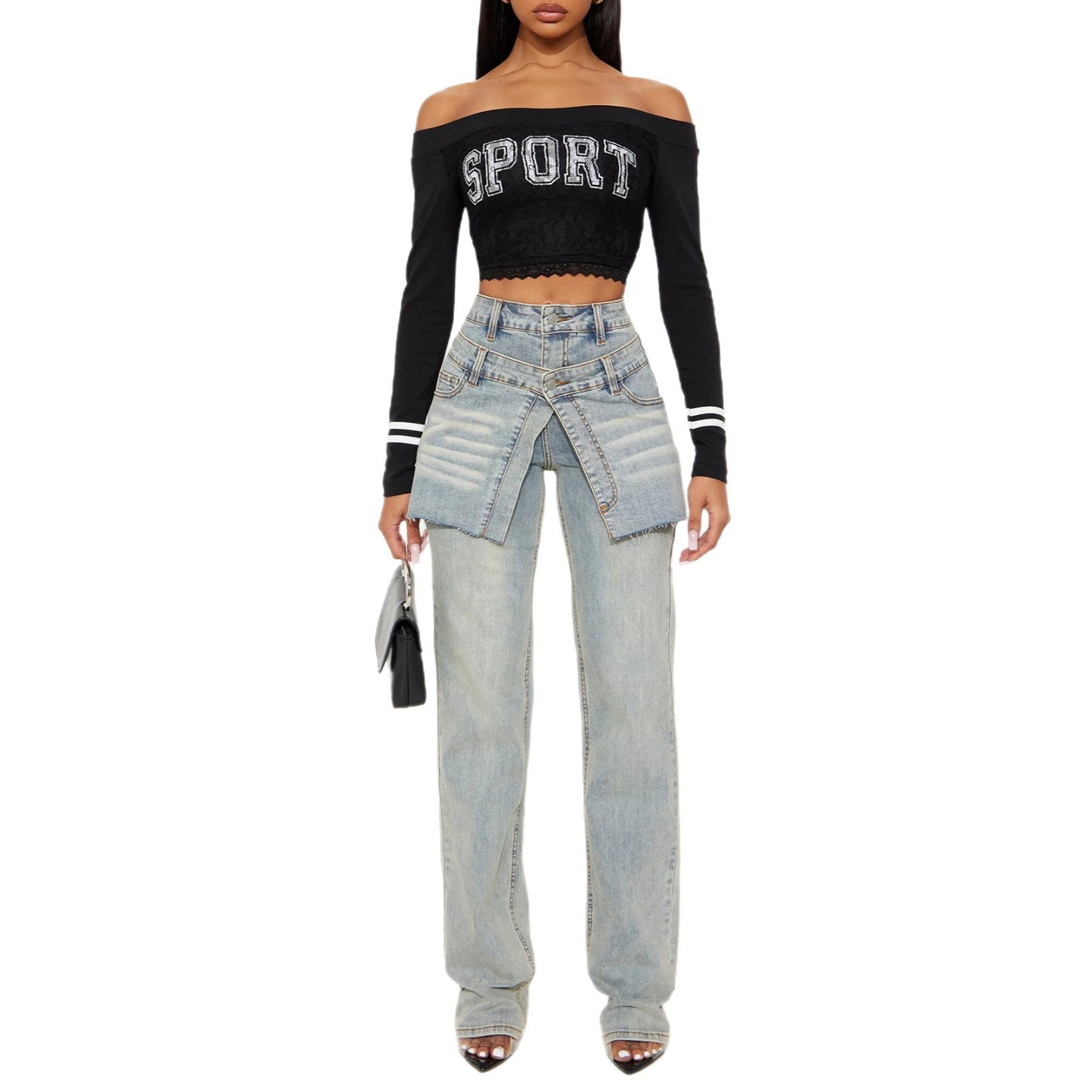 Ladies Chic Asymmetrical Design Denim Pants